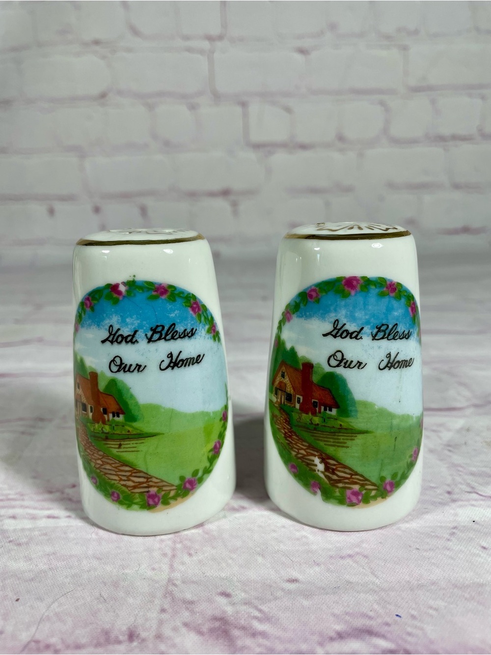 Vintage God Bless Our Home Gold Gilt Porcelain Salt and Pepper Shaker Pair